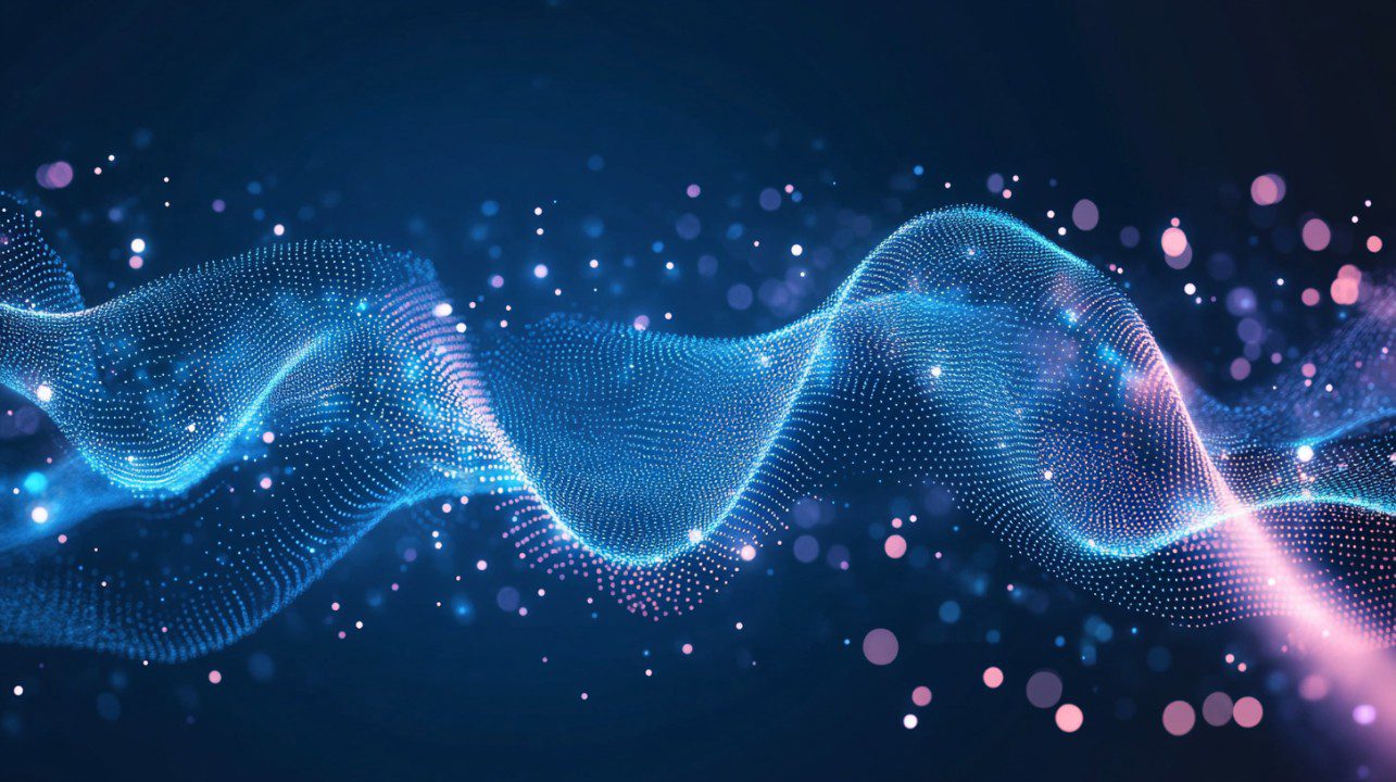 Futuristic abstract blue wave of light particles on a dark background, representing data flow and digital technology.