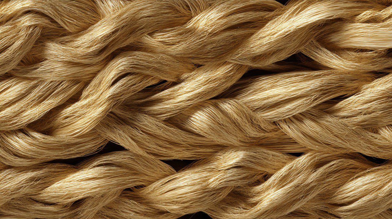 Macro view of natural raffia fibers braided in a golden tone, showcasing organic texture for eco-friendly design uses.
