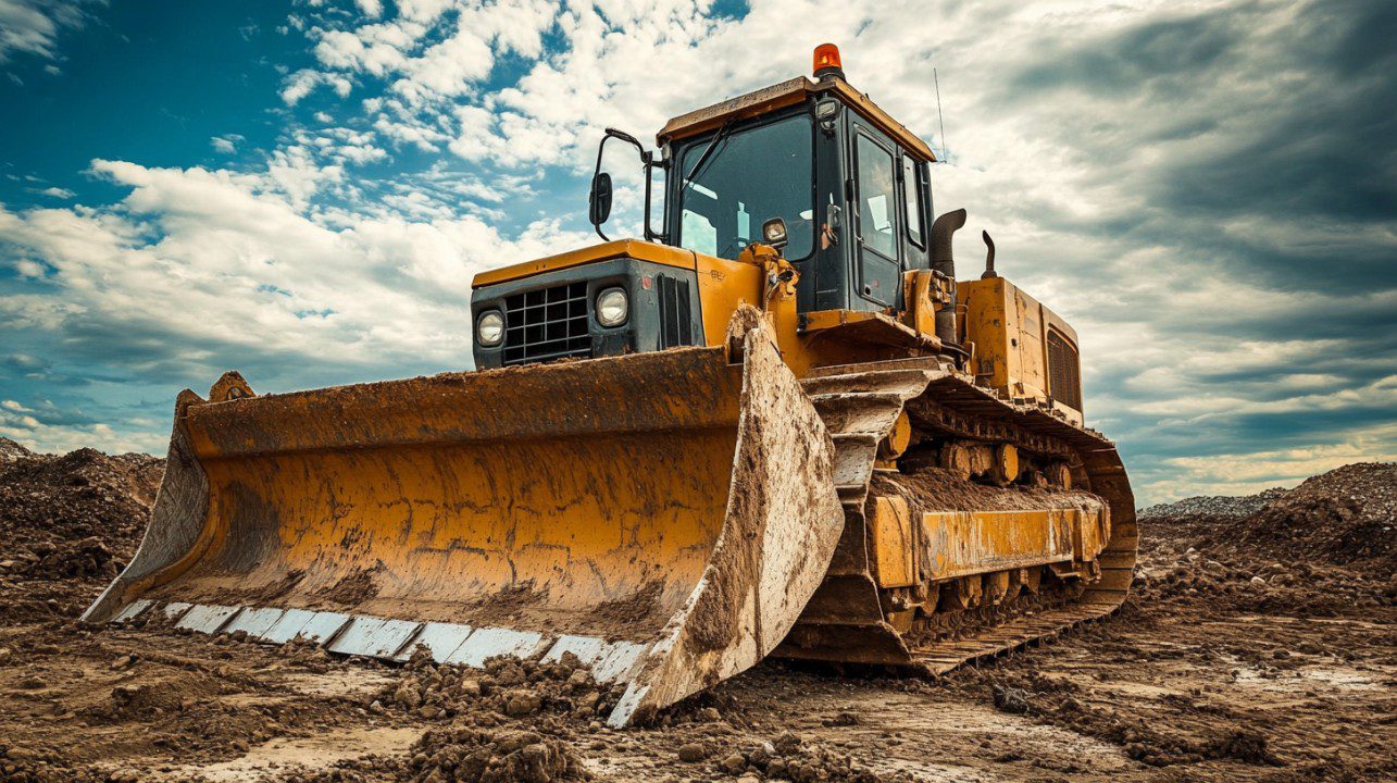 A large yellow bulldozer working on a construction site, pushing dirt under a cloudy blue sky, highlighting industrial power.