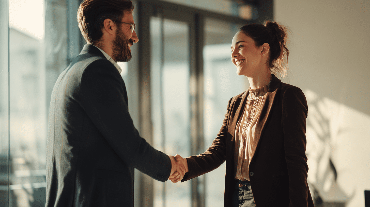 Businessman and businesswoman shaking hands in a modern office, symbolizing corporate partnership and professional agreement.