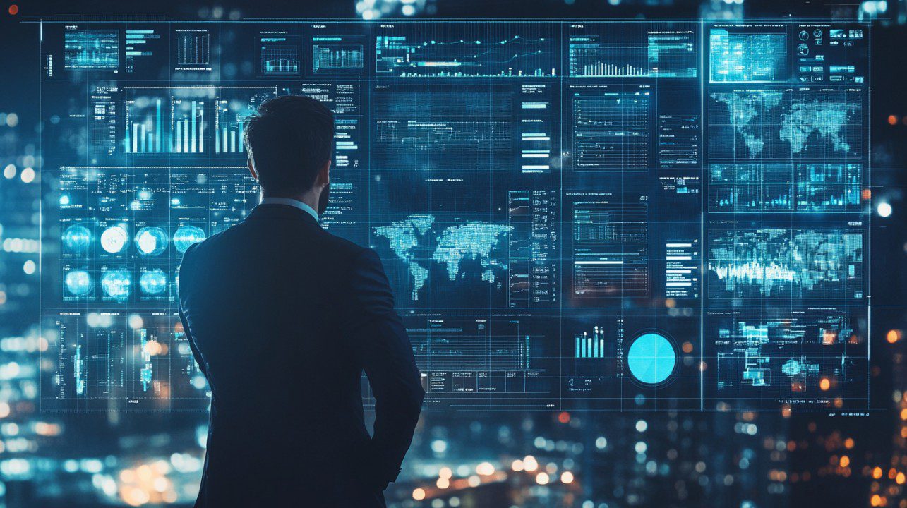 Businessman standing in front of a large digital dashboard displaying analytics, charts, and world maps representing business intelligence.