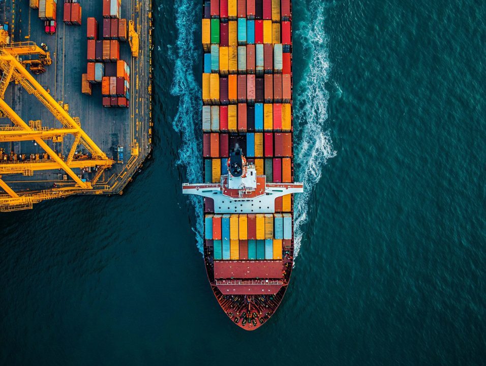Aerial view of a cargo ship approaching a multicolored container port, symbolizing maritime logistics and global shipping.