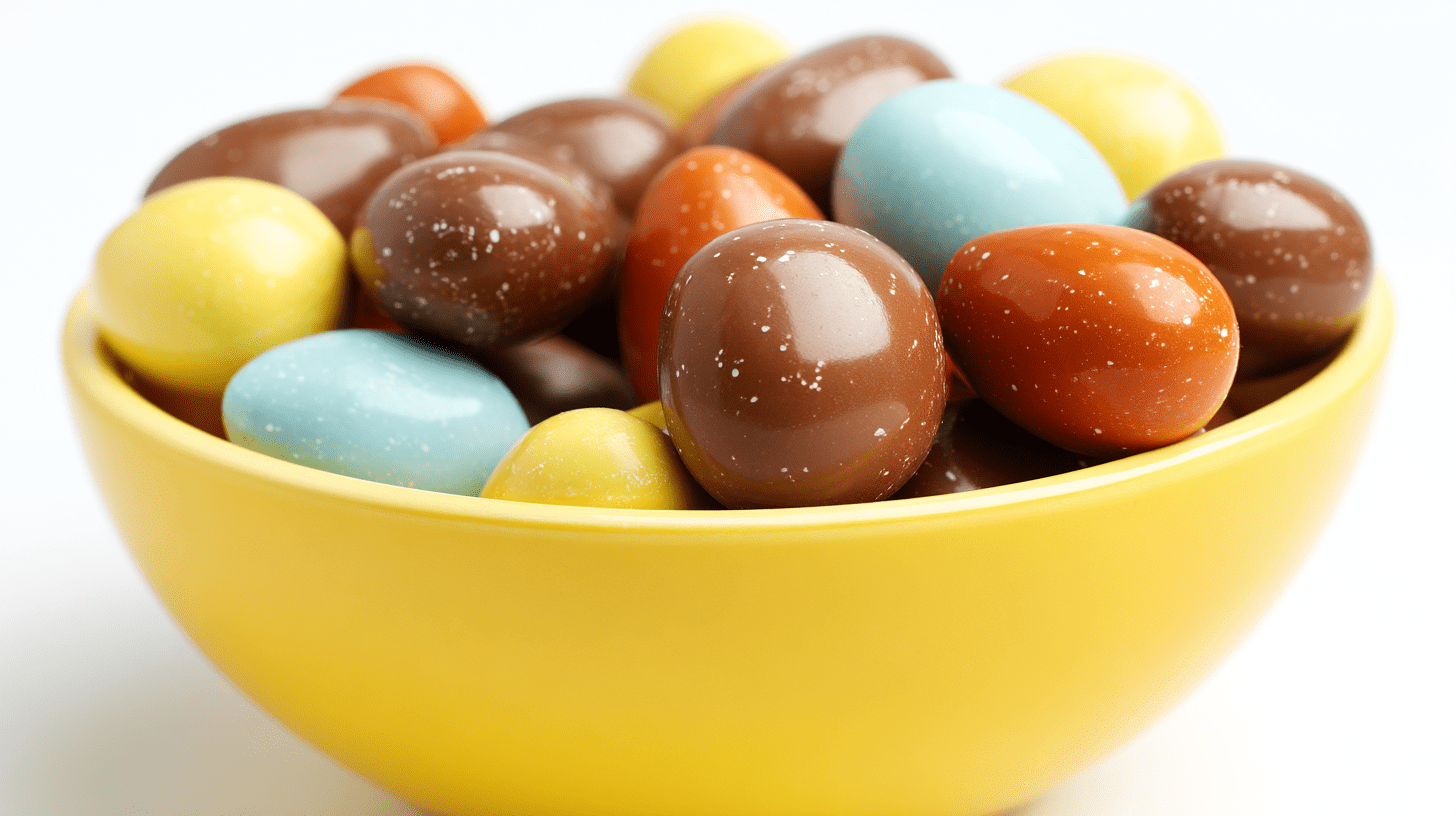 Glossy chocolate Easter eggs in vibrant colors like yellow, blue, and brown, arranged in a bright yellow bowl on a white background.