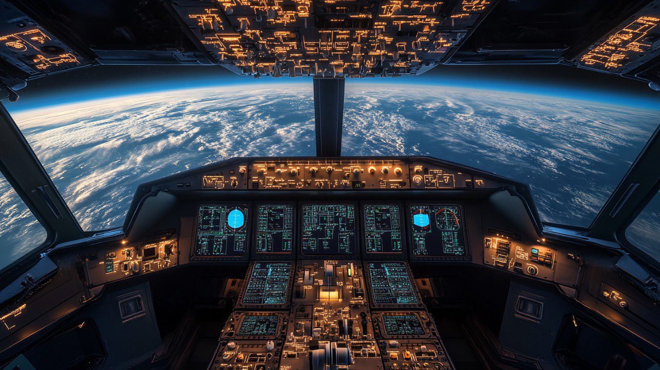 Interior of a futuristic cockpit in orbit showing Earth’s curvature through the window and illuminated control panels.