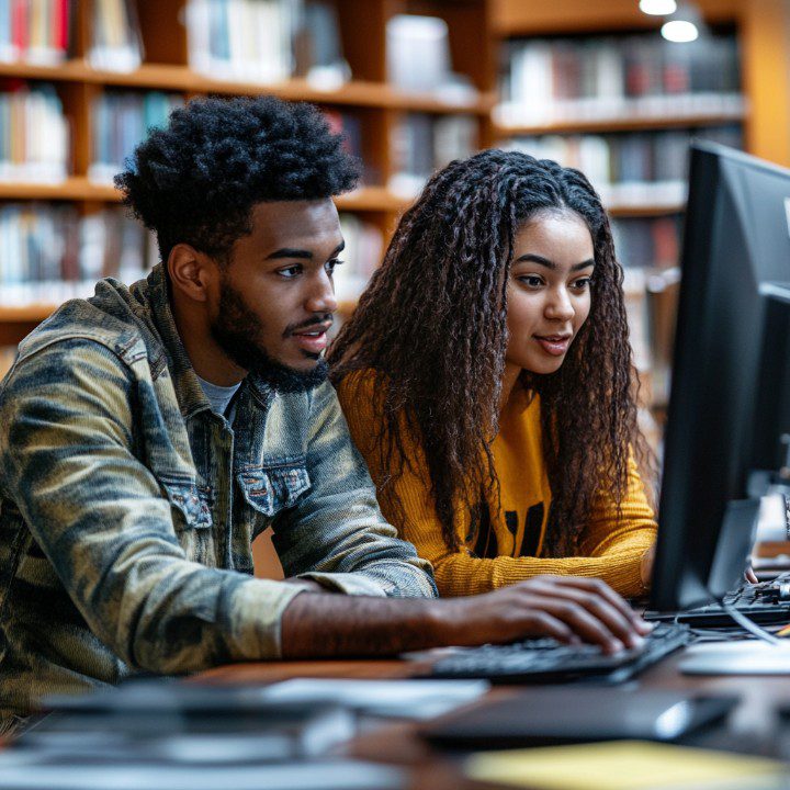 Two college students collaborating at a computer in a library, focused on research and studying in an academic setting.