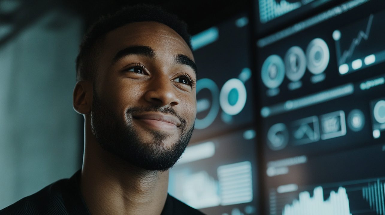 Confident young man smiling while standing in front of multiple digital data dashboards, representing success in analytics and tech.