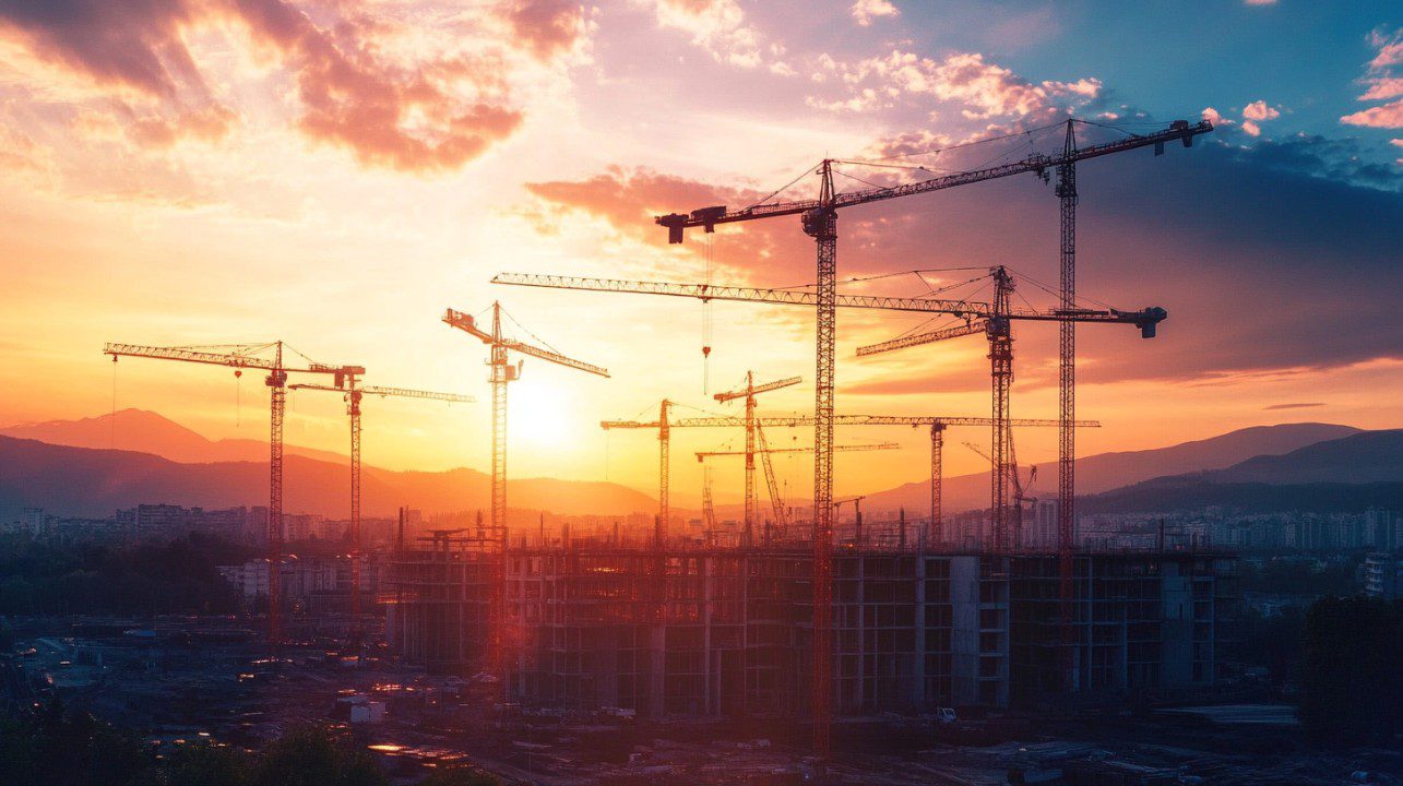 A city construction site with multiple cranes silhouetted against a colorful sunset, representing urban growth and development.