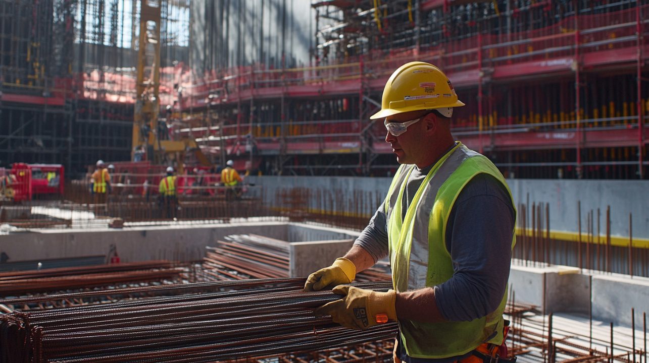 Construction worker in safety gear handling steel rebar at a busy construction site with scaffolding and structural elements.