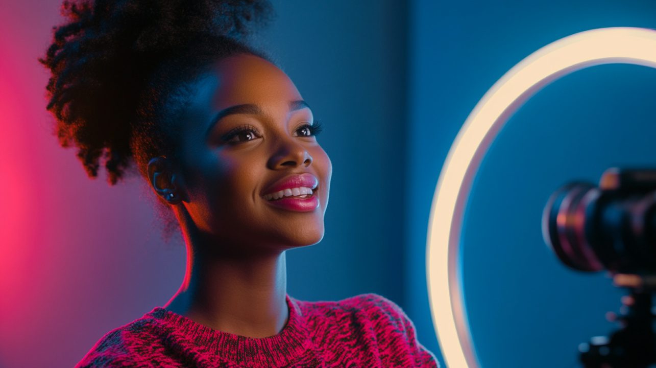 Young female content creator smiling in front of a camera and ring light in a neon-lit studio setting.