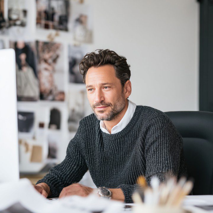 Creative professional working at a desk in a stylish modern office with design inspiration on the wall in the background.