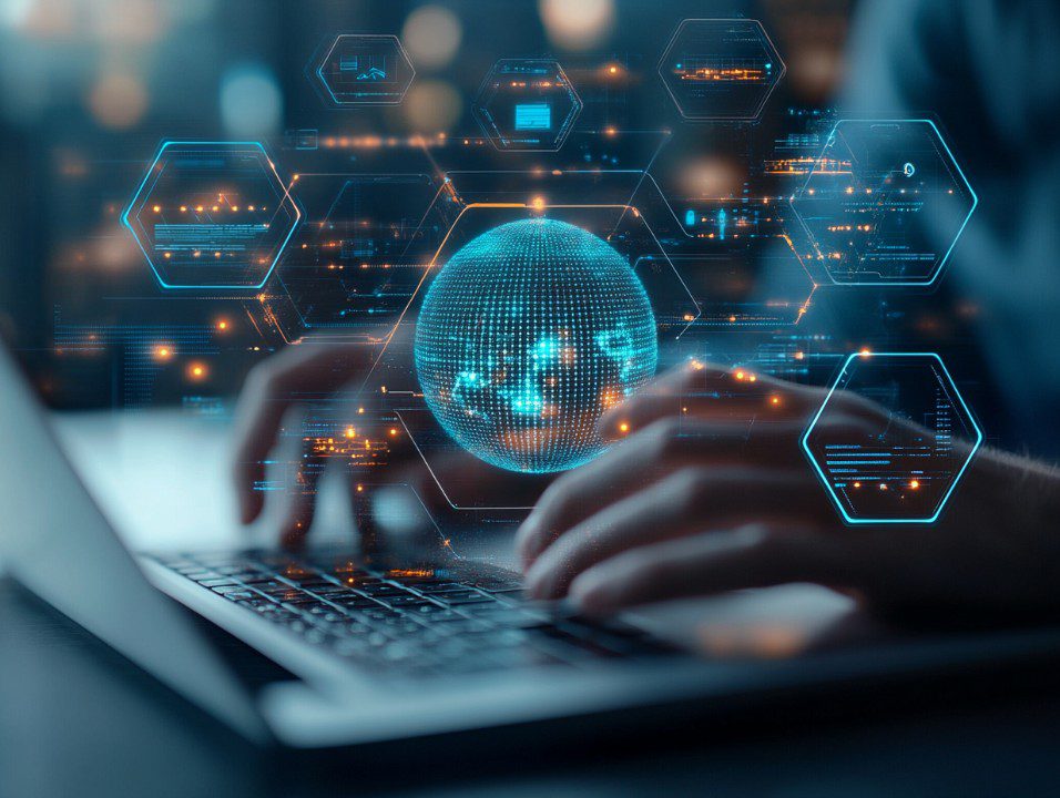 Hands typing on laptop with digital cyber technology interface, featuring glowing globe and futuristic data visualizations.