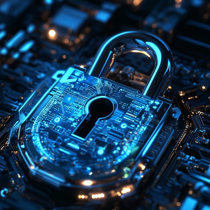 Close-up of a glowing digital padlock integrated into a circuit board, representing cybersecurity and data encryption.