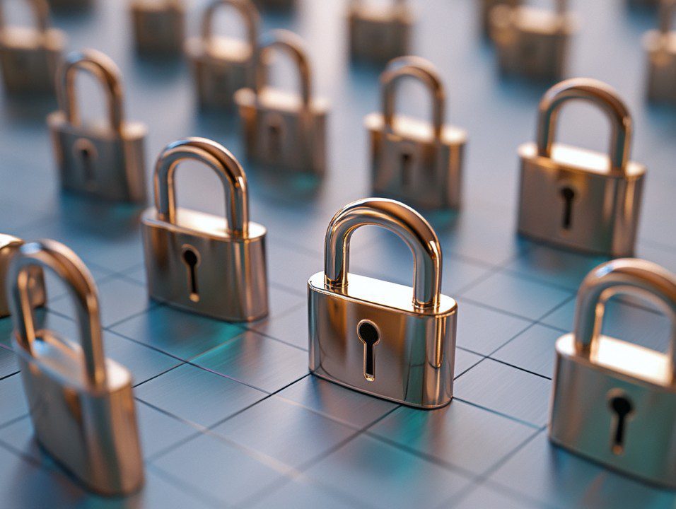 Metallic padlocks arranged on a blue grid surface, symbolizing data security, privacy, and cybersecurity infrastructure.