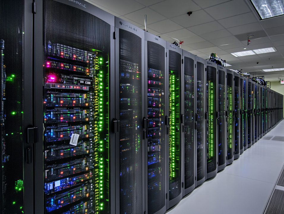 Wide-angle view of modern data center with illuminated server racks in a brightly lit, high-security environment.