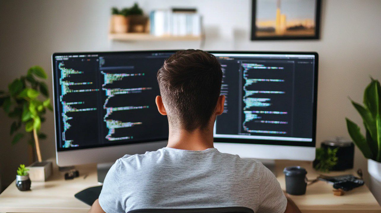Back view of a developer working on a coding project using dual monitors in a modern home office setup.