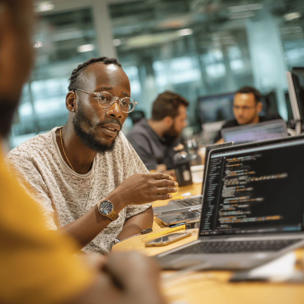 Software developers discussing code around a laptop in a modern office, showcasing teamwork and collaboration.