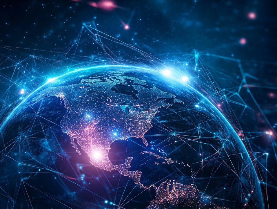 Futuristic Earth glowing with digital network lines and data points, highlighting global connectivity across North America.