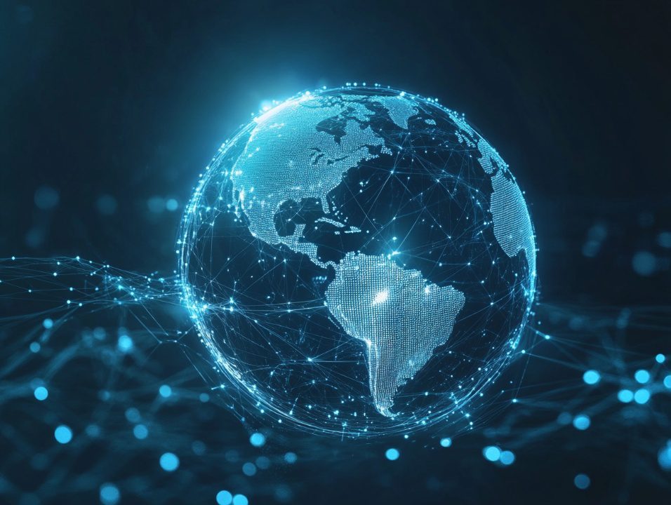 Futuristic glowing blue digital globe with network lines and data points, symbolizing internet, connectivity, and technology.