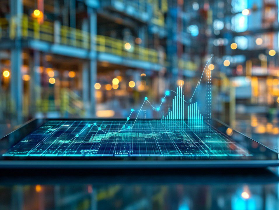 A glowing digital growth chart displayed on a tablet screen with a blurred warehouse in the background, representing smart industry analytics.
