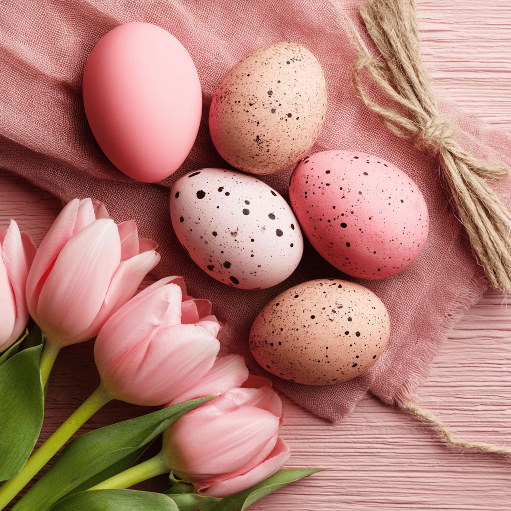 Flat lay of pink and speckled Easter eggs next to soft pink tulips on a pink textured background, perfect for spring and holiday visuals.