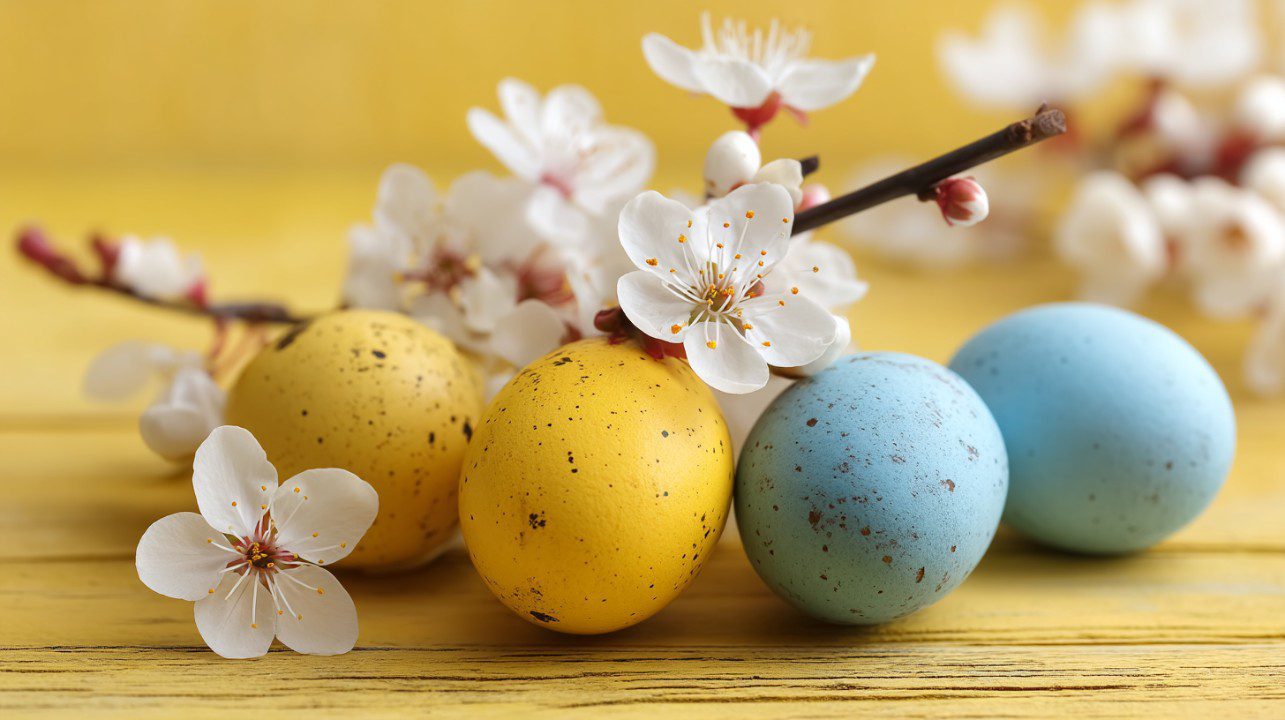 Pastel yellow and blue speckled Easter eggs nestled among white cherry blossoms on a rustic yellow wooden background.