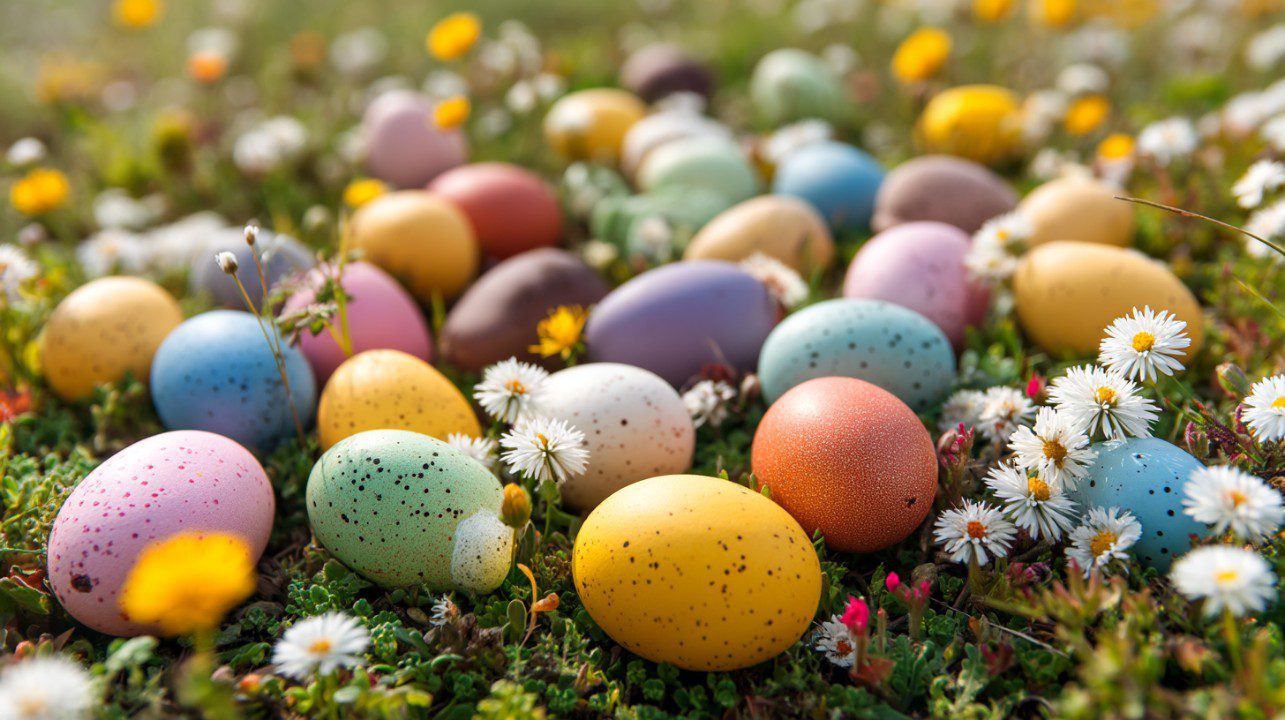 Pastel and speckled Easter eggs are scattered across a grassy meadow filled with blooming wildflowers and daisies in spring sunlight.