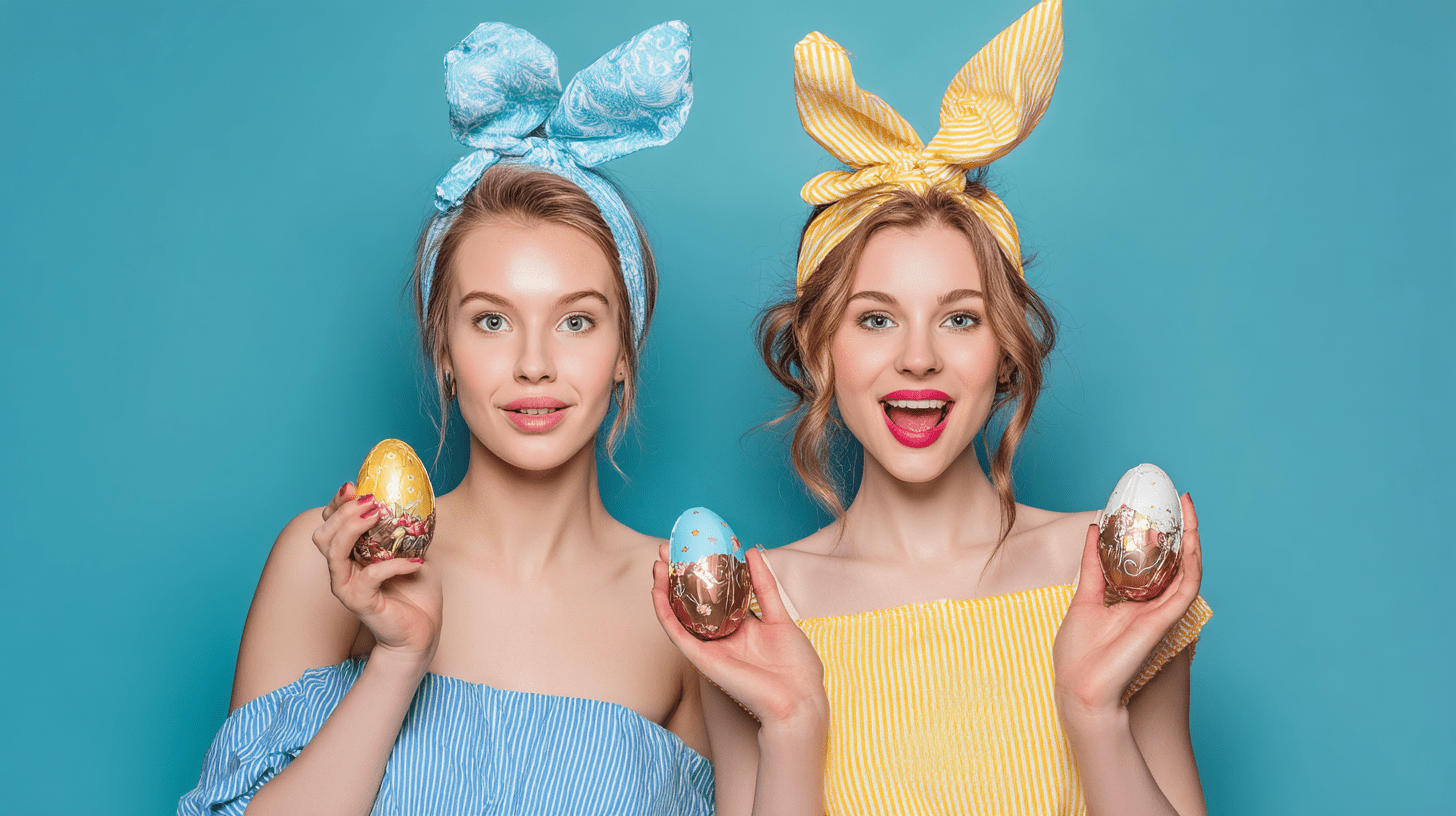 Two smiling women in festive outfits and bunny ear headbands holding colorful Easter eggs on a blue background.