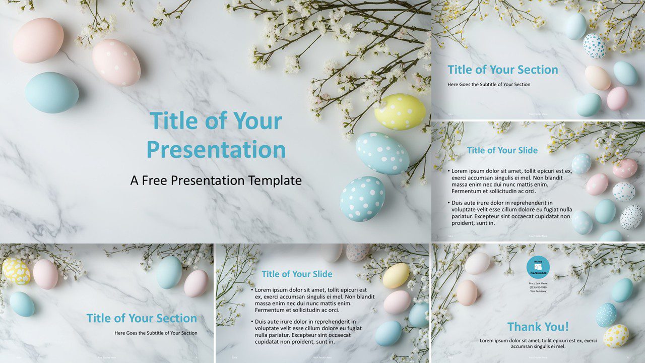 Widescreen preview of the Easter Marble Template for PowerPoint and Google Slides with pastel visuals and spring-themed layouts.