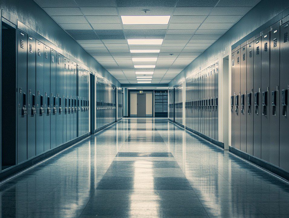 A clean and symmetrical school hallway with closed lockers on both sides, lit by overhead fluorescent lights.
