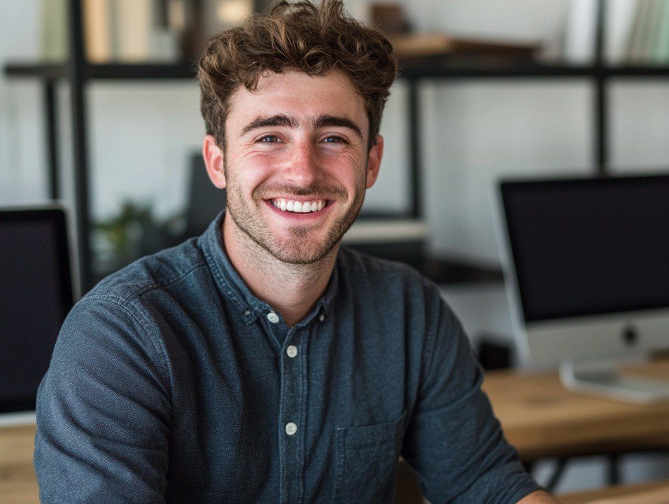 Smiling young male entrepreneur in a casual button-down shirt, seated at a desk in a modern startup office with computer monitors behind.
