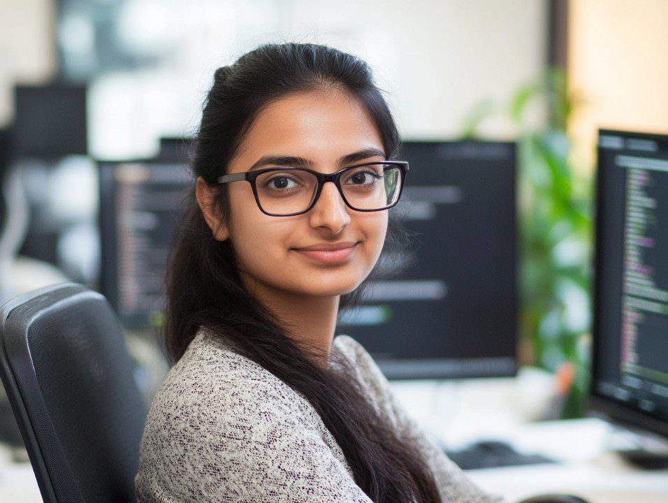 A young female software developer smiling confidently at her workstation with coding screens in a modern tech office.