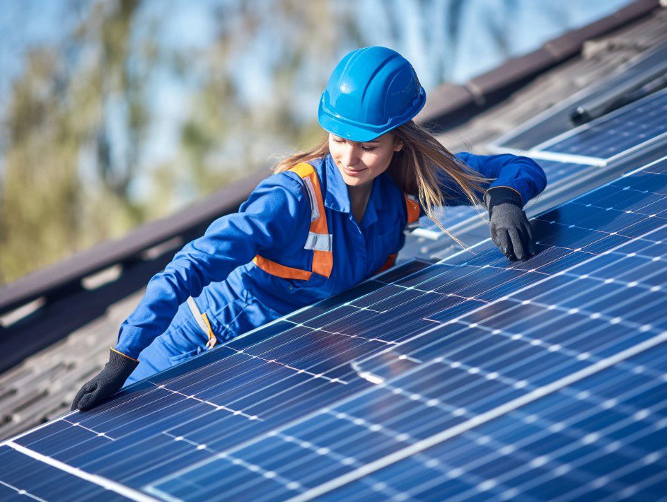 Female technician in blue safety gear installs solar panels on a rooftop, promoting renewable energy and sustainability.