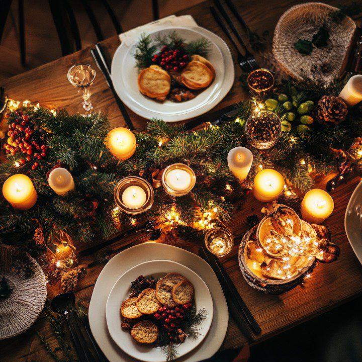 Overhead shot of a holiday dinner table decorated with candles, evergreen branches, and festive snacks.
