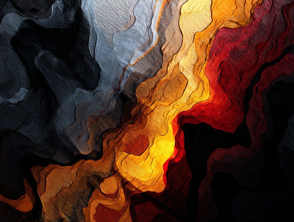 Abstract texture resembling fiery topographic layers in red, gold, and black tones, ideal for digital backgrounds and conceptual art.