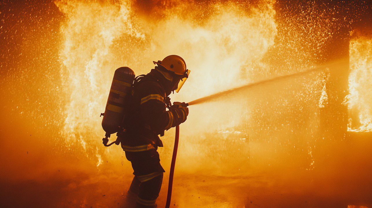 A firefighter in full gear sprays water at a massive blaze, surrounded by smoke and flames in a dramatic fire emergency.