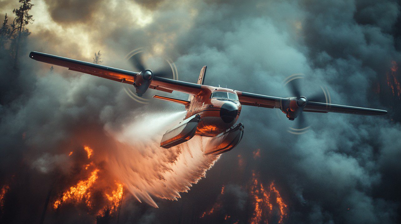 A firefighting aircraft releases water over a forest fire with smoke and flames rising beneath it in a dramatic aerial scene.