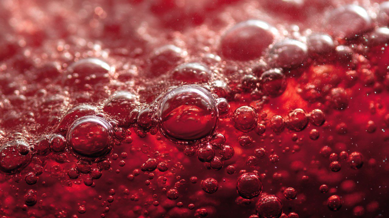Close-up of a bright red fizzy liquid filled with rising bubbles, captured in sharp detail and vivid color for abstract or beverage visuals.