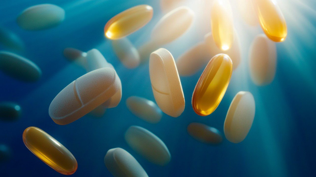 Multivitamin tablets and capsules floating underwater with glowing light beams, representing health, purity, and supplement absorption.