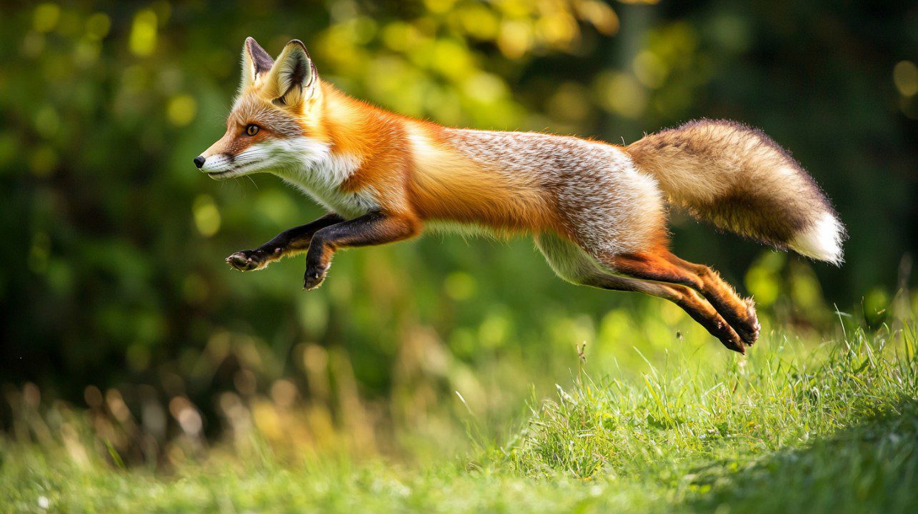A red fox captured in mid-leap above green grass in a forested area, highlighting its agility and alertness in nature.