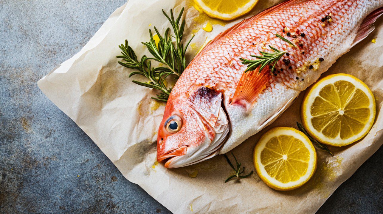 A raw red snapper garnished with rosemary, black pepper, and lemon slices, placed on parchment paper ready for cooking.