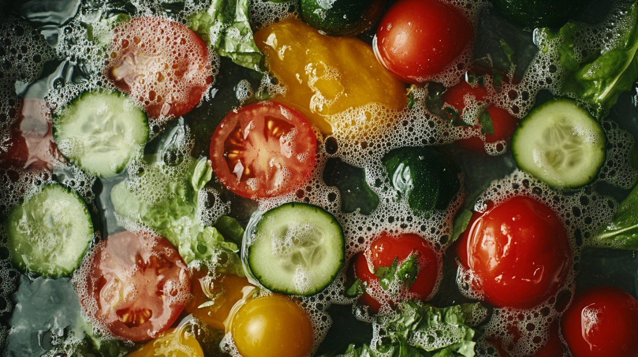 An overhead close-up of tomatoes, cucumbers, and leafy greens being washed in water with visible bubbles, emphasizing freshness and hygiene.