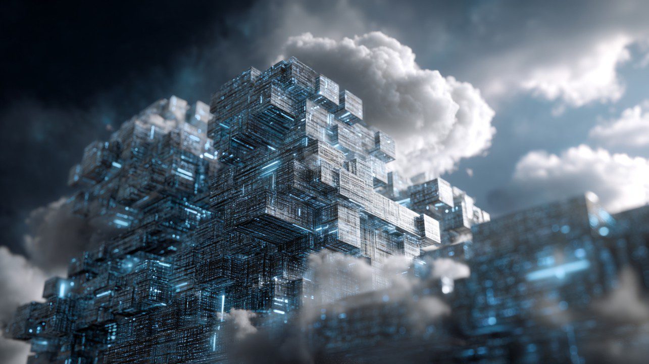 3D digital rendering of glowing blue and gray data cubes in a cloudy sky, symbolizing futuristic cloud networks and technology.