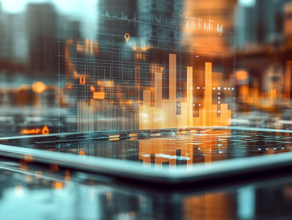 Digital tablet projecting glowing orange analytics and data charts in a futuristic city setting, symbolizing smart tech and innovation.