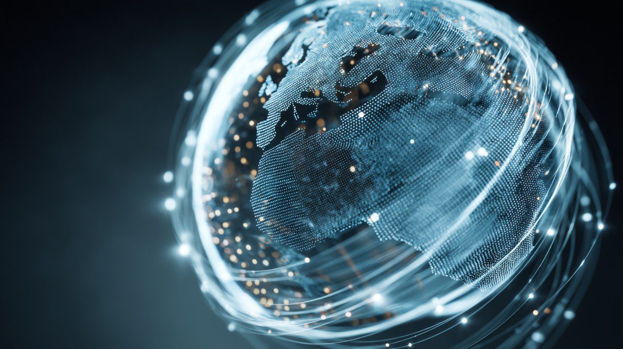 Digital globe made of glowing blue dots and light trails representing data flow and global AI connectivity on a dark background.
