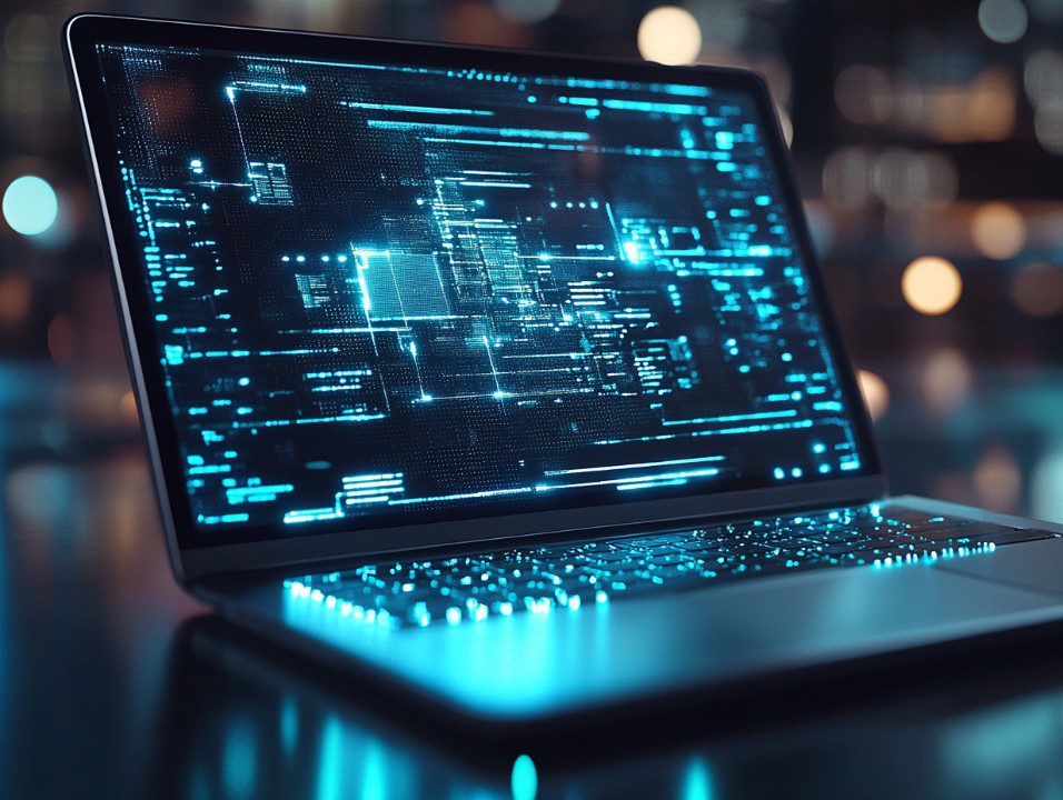 Close-up of a glowing laptop screen showing a high-tech digital interface, symbolizing coding and futuristic technology.