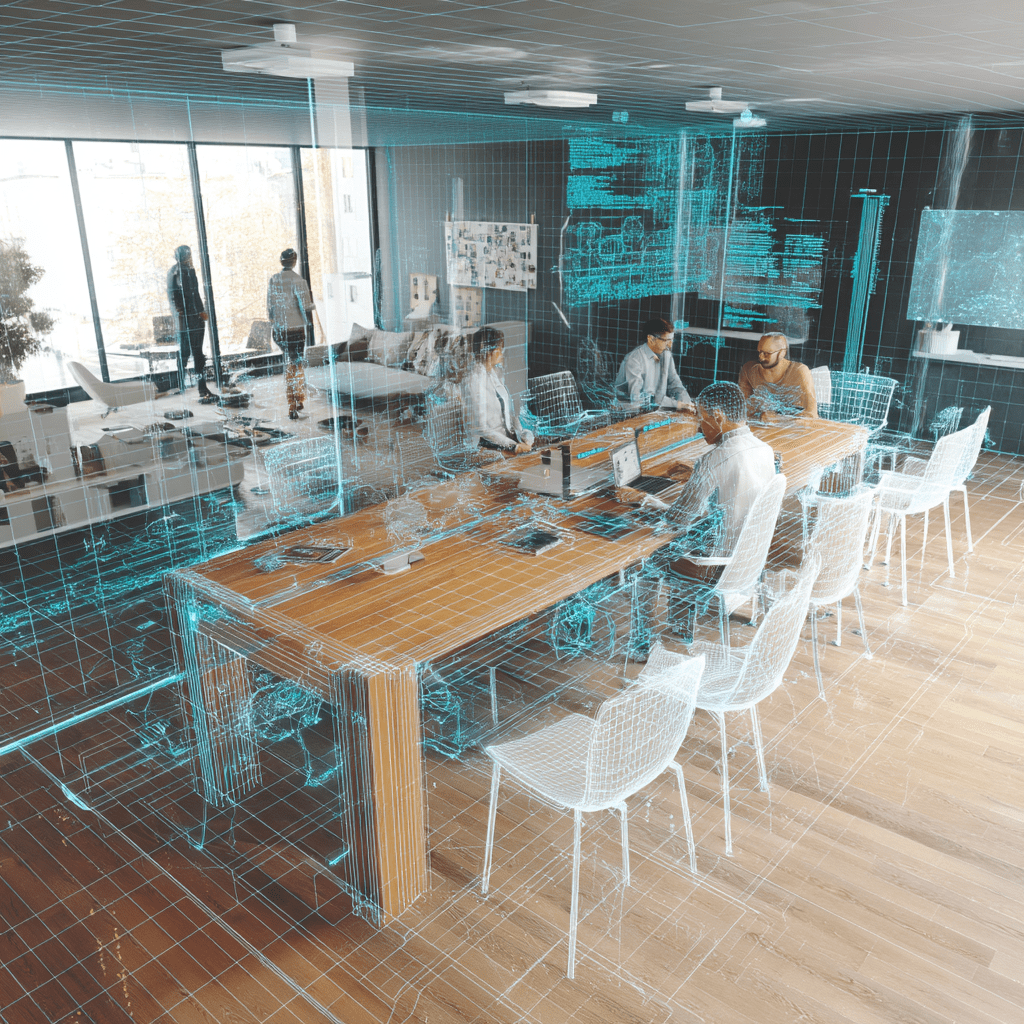 Team collaborating in a modern office overlaid with digital wireframes and 3D elements, illustrating smart and futuristic workspace concepts.