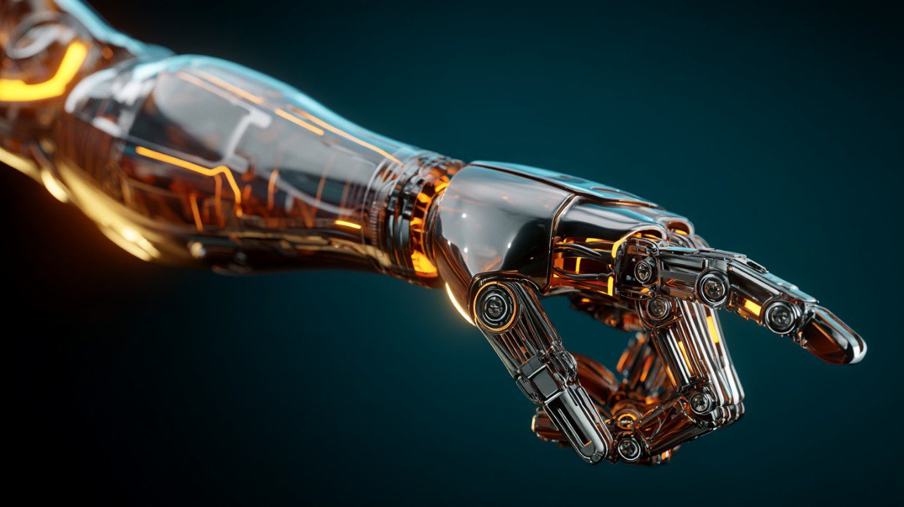 A futuristic robotic arm with glowing circuits and metallic finish, representing advanced AI and automation technology.