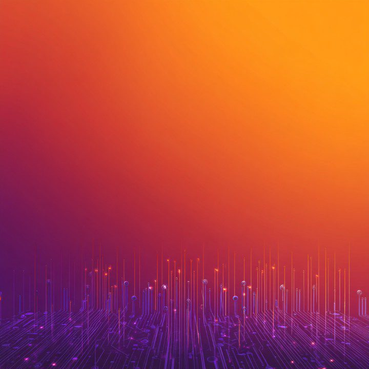 Abstract digital background with vertical glowing circuit lines in a vibrant purple and orange gradient, evoking futuristic technology.