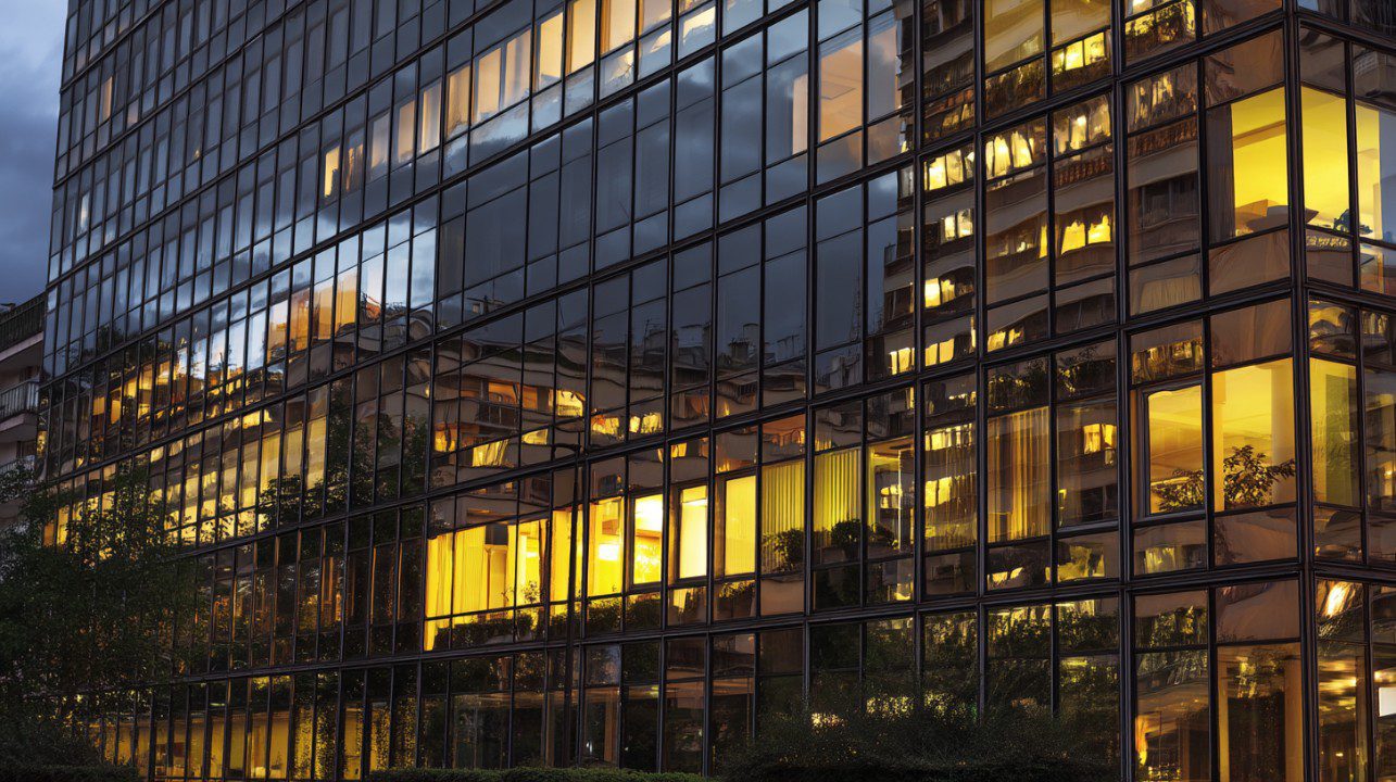 Glass office building reflecting urban lights and nearby structures at dusk, symbolizing business and modern city life.