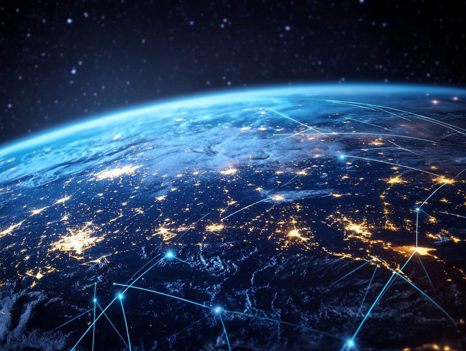 A view of Earth from space showing illuminated cities and blue digital connection lines, representing global connectivity and data flow.